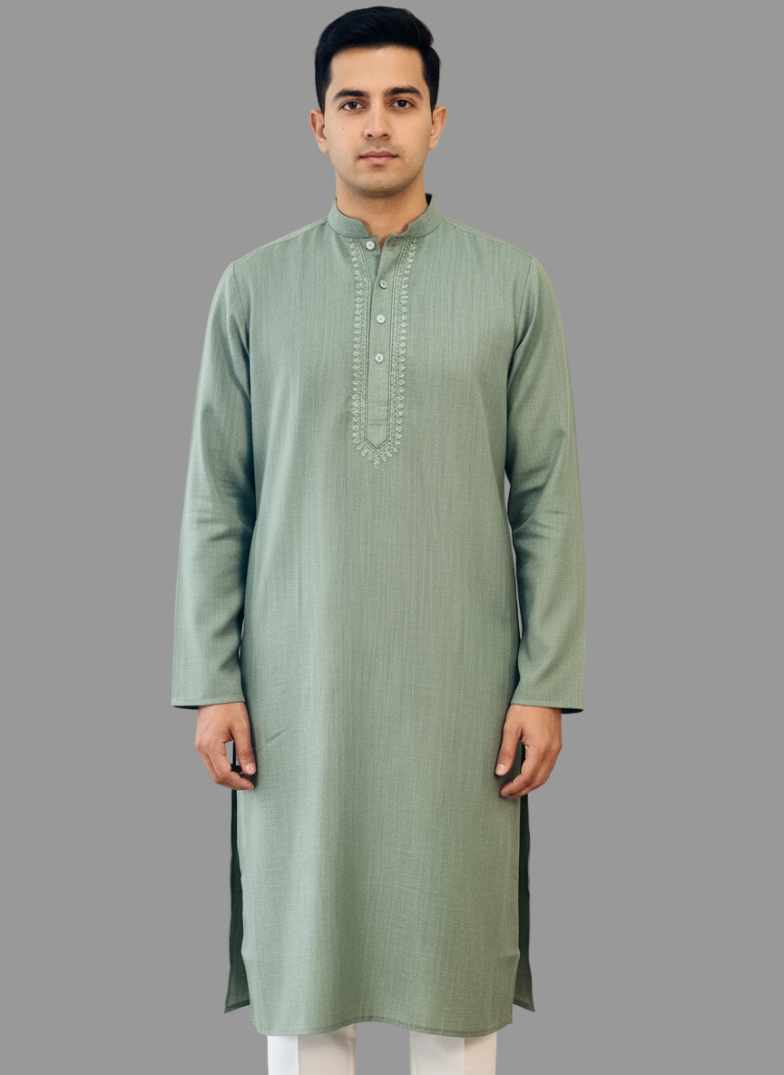 Cotton Mens Long Kurta- Olive