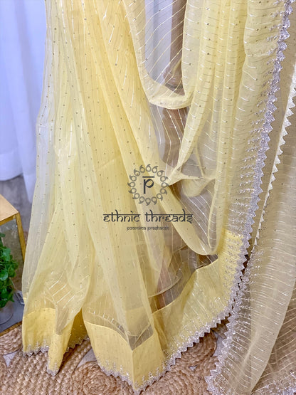 Lemon Yellow Zardozi Hand Embroidered Saree And Blouse