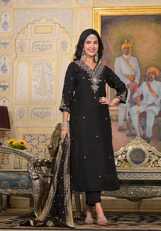 Black Silk Salwar Set with Zardosi , V-Neck, and Three-Quarter Sleeves