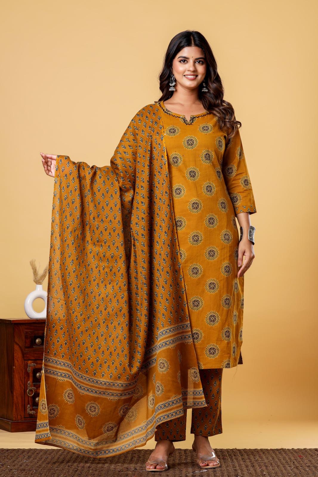 Mustard Block Printed Salwar Set