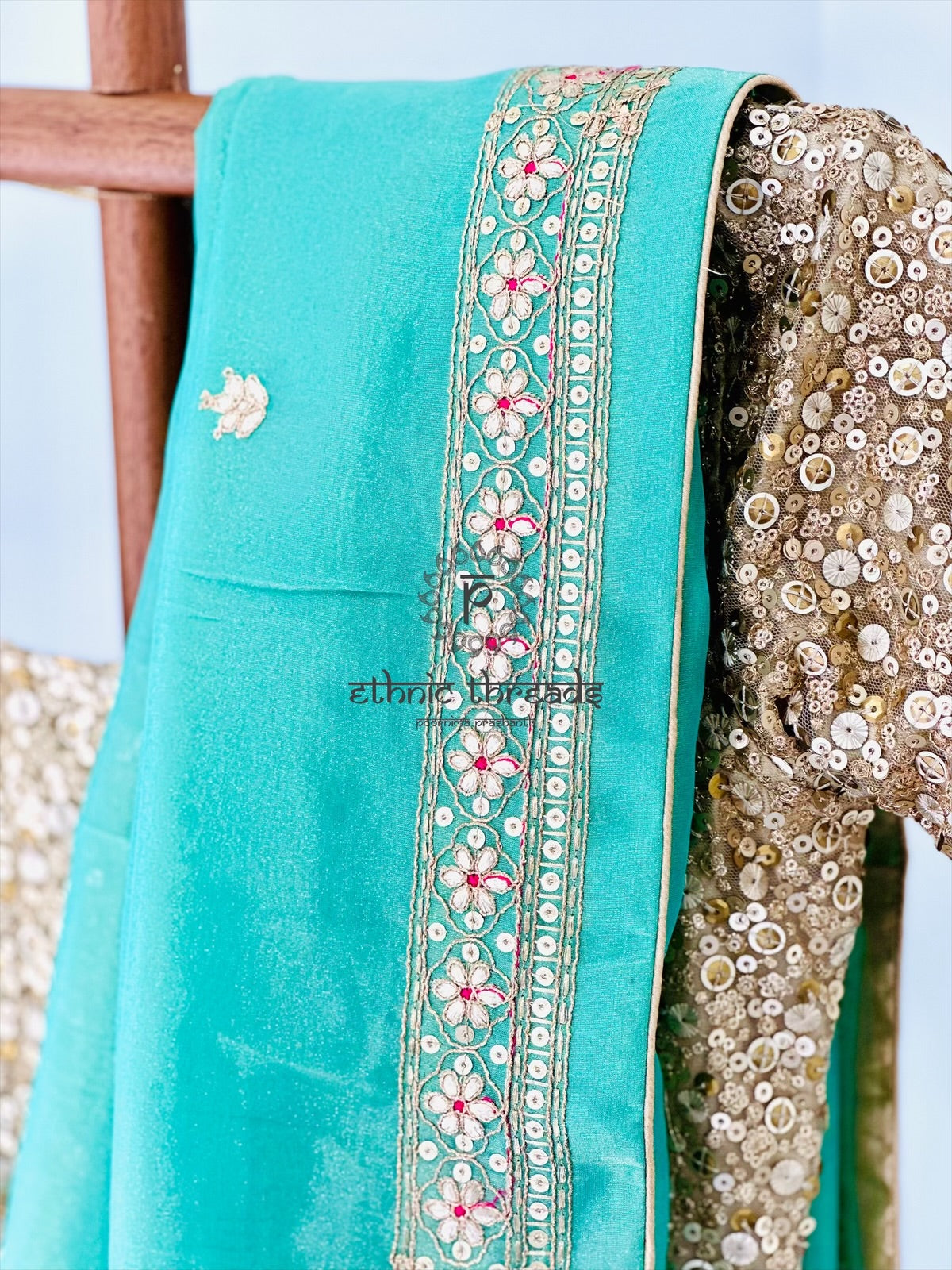 Mint Green Glossy Soft Tissue  Saree And Blouse