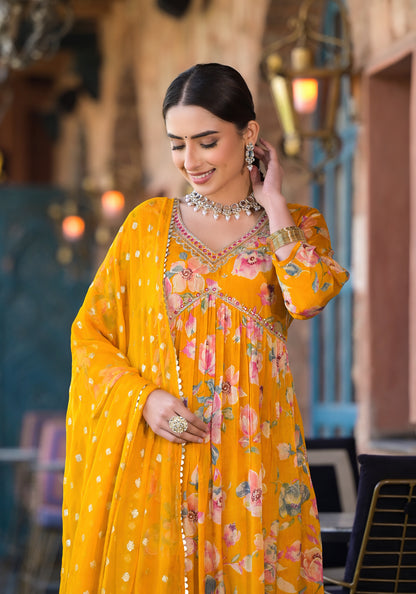 Orange Georgette Kurta Set with Embroidery, V-Neck, and Three-Quarter Sleeves