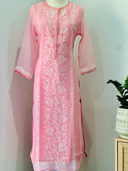 Chikankari Long Kurta In Georgette - Pink