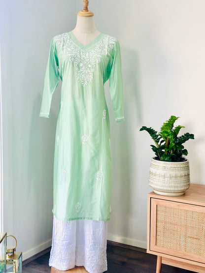 Chikankari Long Kurta In Silk - Pastel Green