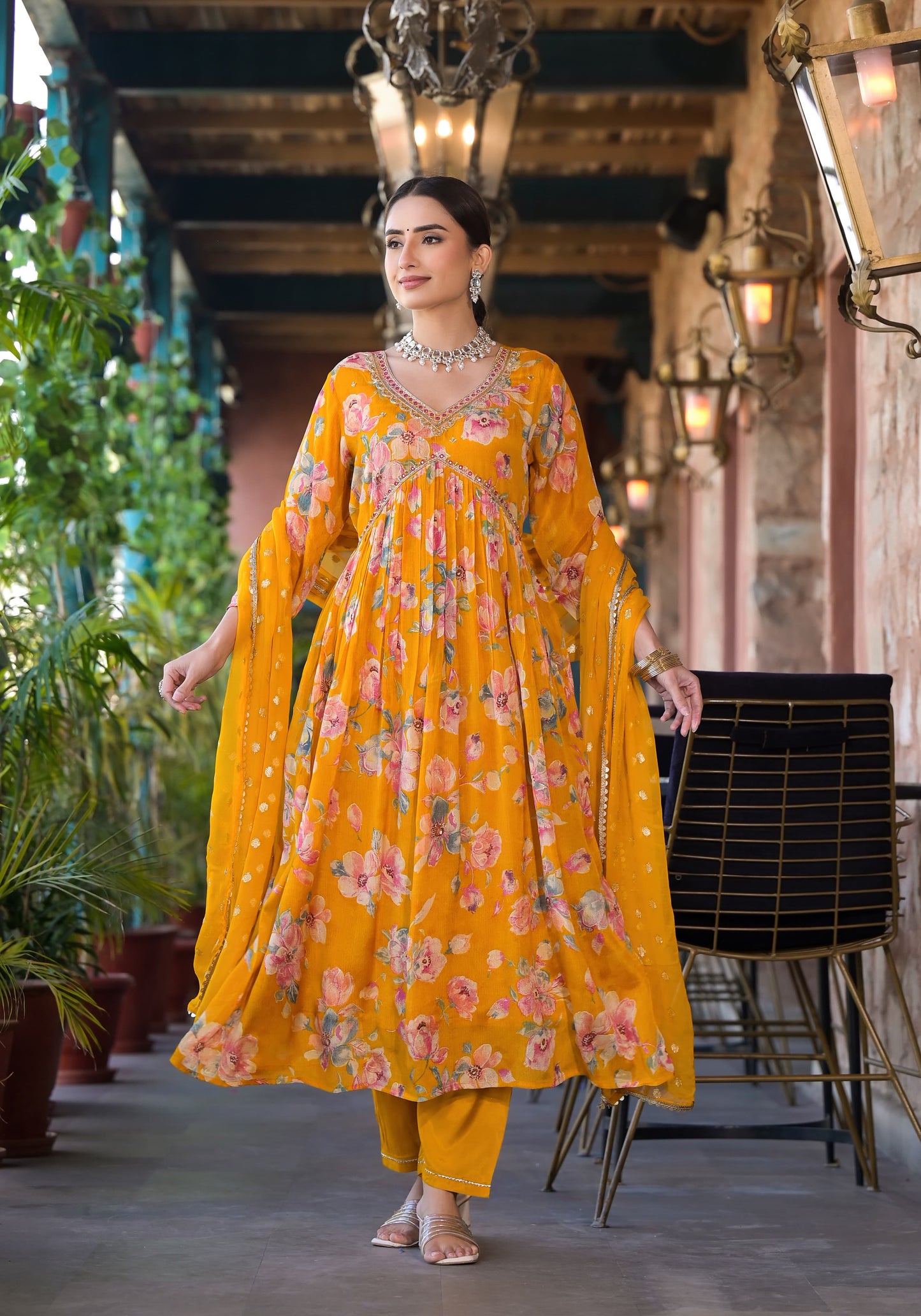 Orange Georgette Kurta Set with Embroidery, V-Neck, and Three-Quarter Sleeves