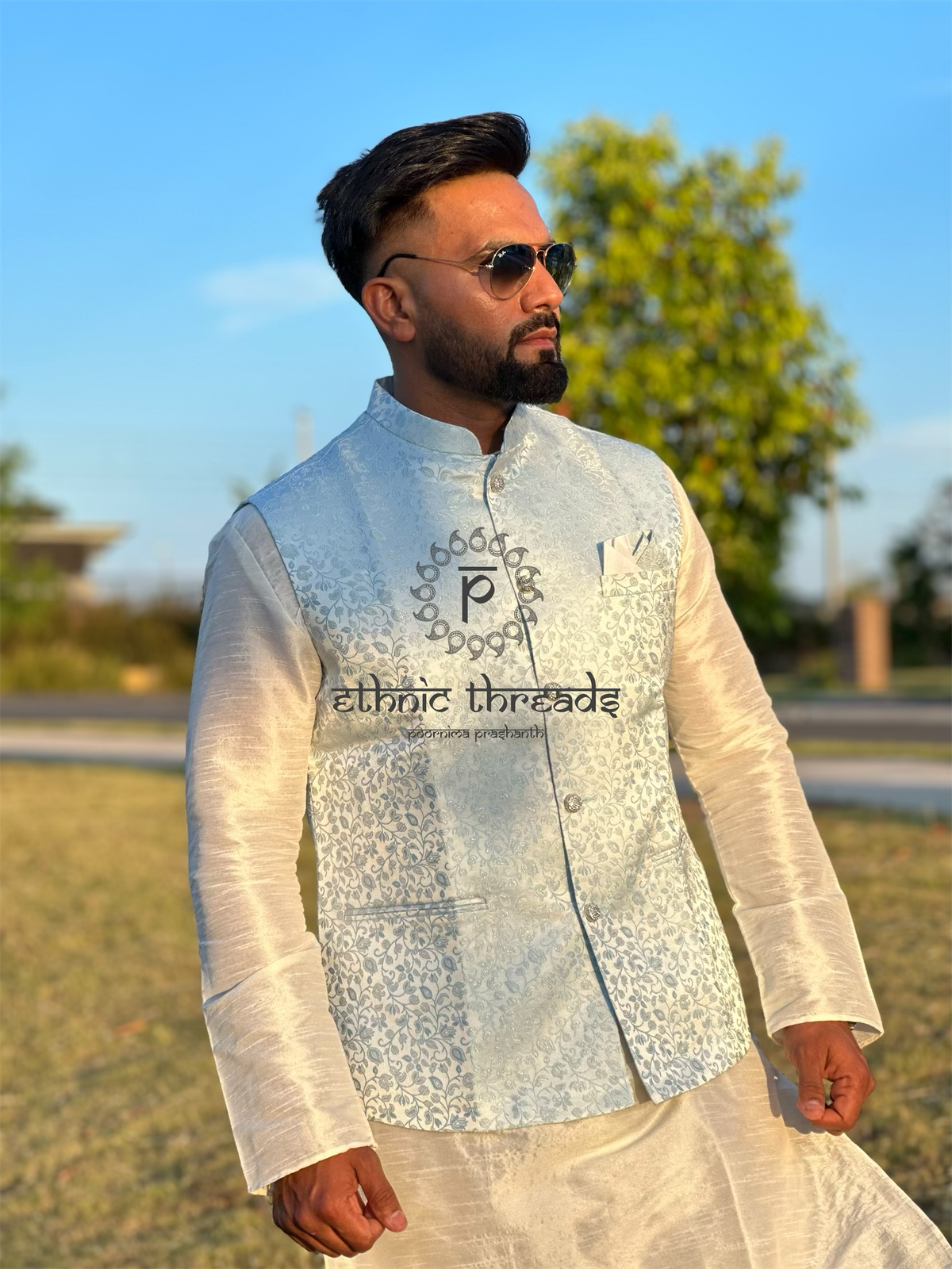 Sky Blue Jacquard Ethnic  Nehru Jacket