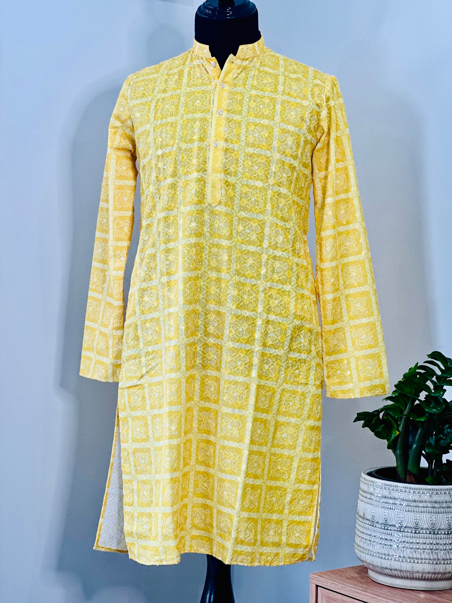Printed Cotton Mens Long Kurta- Yellow