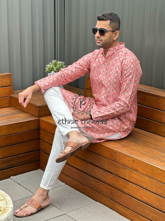 Printed Cotton Mens Long Kurta- Pink