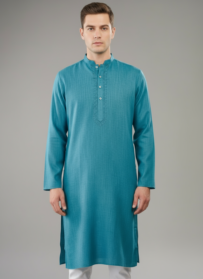 Cotton Mens Long Kurta- Teal