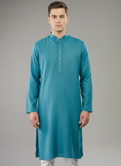Cotton Mens Long Kurta- Teal