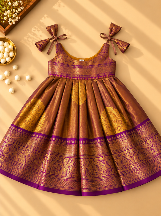 Copper & Maroon Pure Kanchipuram Silk Infant Pinafore Gown