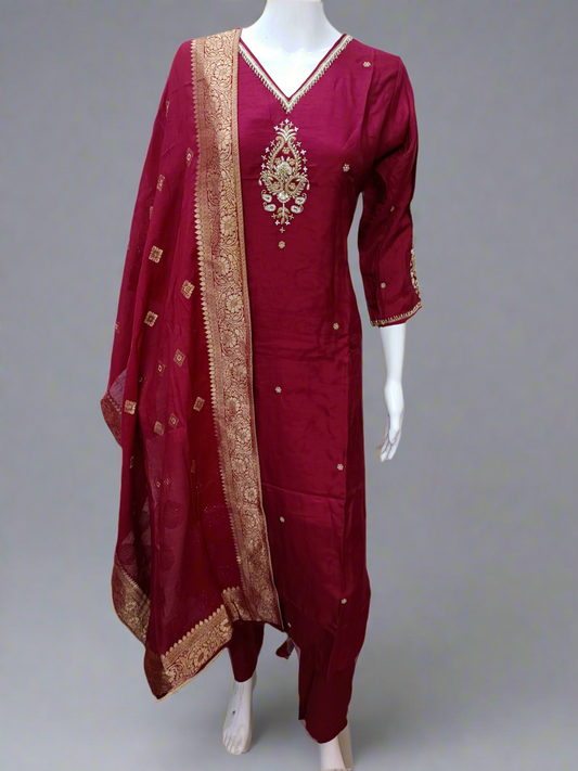 Maroon Silk Salwar Set with Zardosi , V-Neck, and Three-Quarter Sleeves