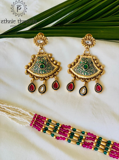 Temple Long Necklace Meenakari Kundan Set- Ruby & White Stones