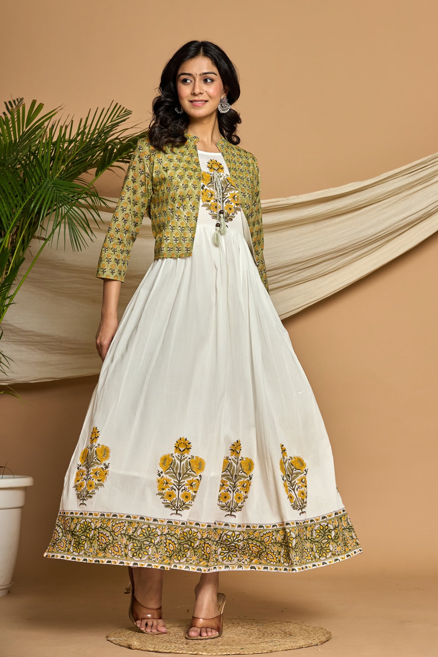 White Printed Cotton Anarkali with Jacket