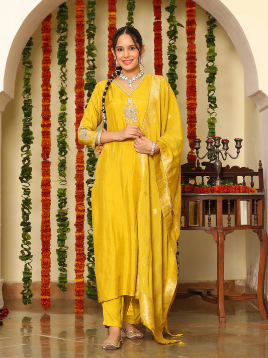 Mustard Silk Salwar Set with Zardosi , V-Neck, and Three-Quarter Sleeves