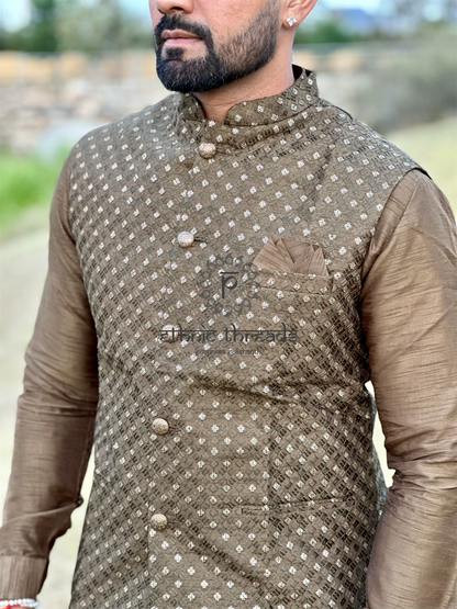 Raw Silk Mens Long Kurta with Embroidery Jacket