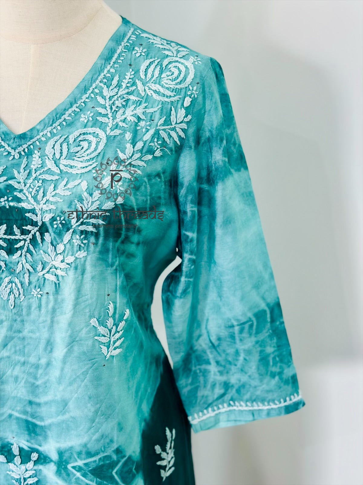 Chikankari Kurta In Tie-Dye Silk Cotton -Teal/Green