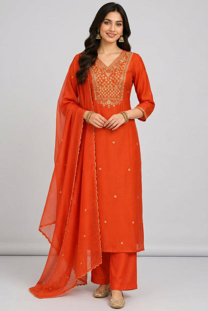 Orange Embroidered Kurta Set with Palazzo Pants