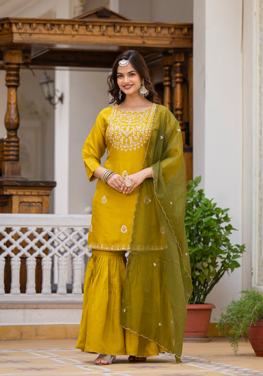 Olive Green Gharara Set with Zardosi , and Three-Quarter Sleeves