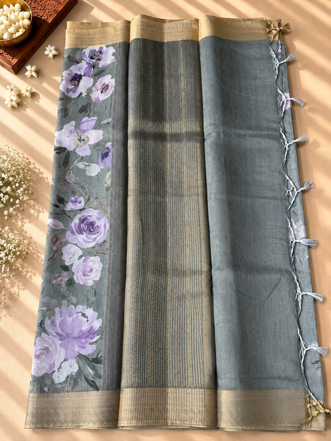 Floral Tissue Saree with Gold Border