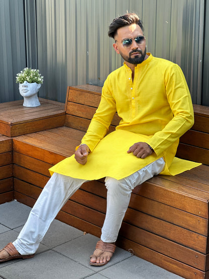 Cotton Mens Long Kurta- Yellow