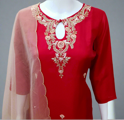 Red Gharara Set with Zardosi with Three-Quarter Sleeves