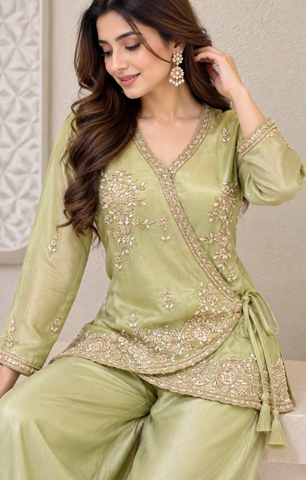 Sage Green Embroidered Wrap-Style Kurta