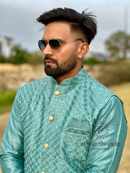 Raw Silk Mens Long Kurta with Embroidery Jacket