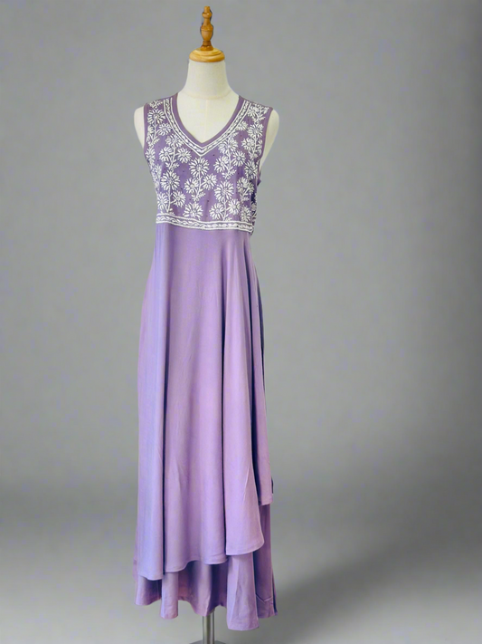 Chikankari Long Anarkali Kurta In Muslin - Mauve