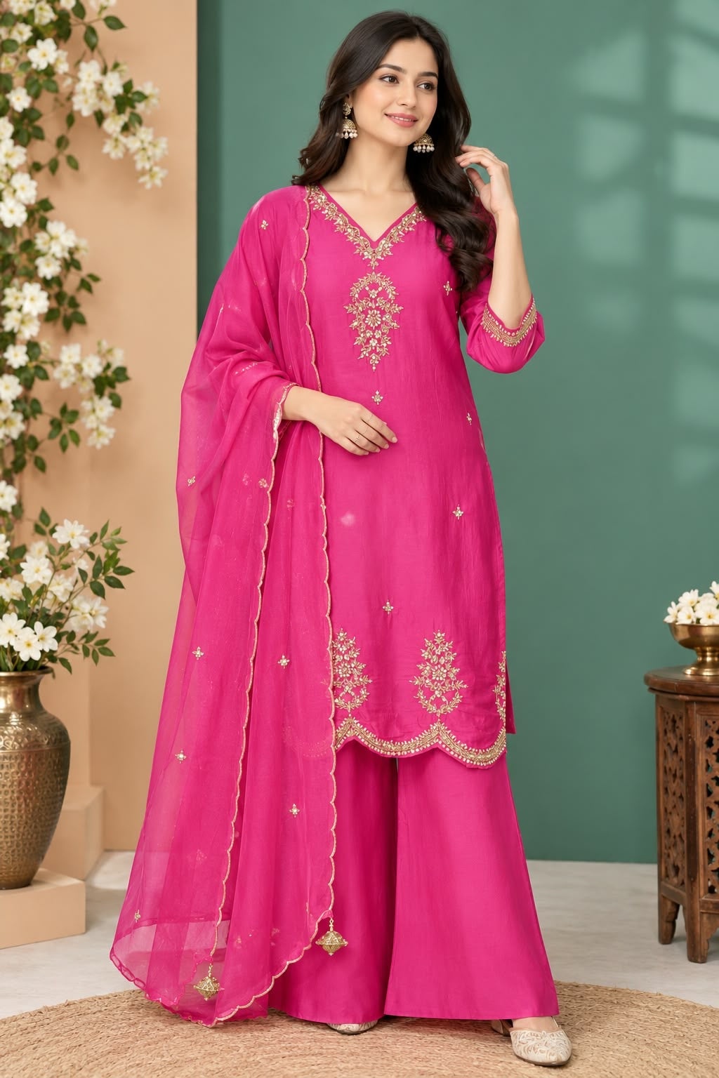 Hot Pink Embroidered / Embellished Suit Set