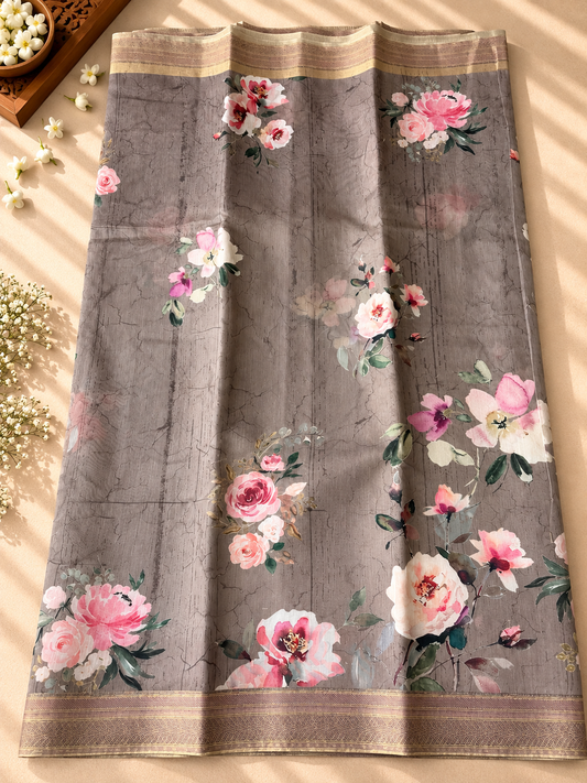 Floral Tissue Saree with Gold Border