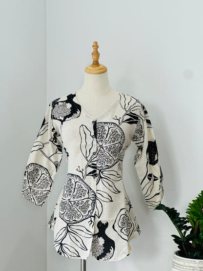Women Floral Printed V Neck Linen Top