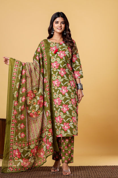 Olive Green Floral Block Printed Salwar Set