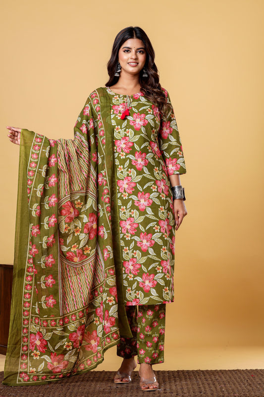 Olive Green Floral Block Printed Salwar Set