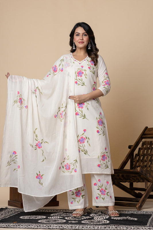 White Floral Handblock Cotton Salwar Set