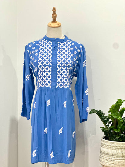 Lucknowi Chikankari  Cotton Women's Flared Short Kurta - Blue