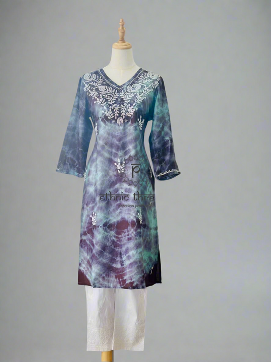 Chikankari Kurta In Tie-Dye Silk Cotton -Teal/Purple