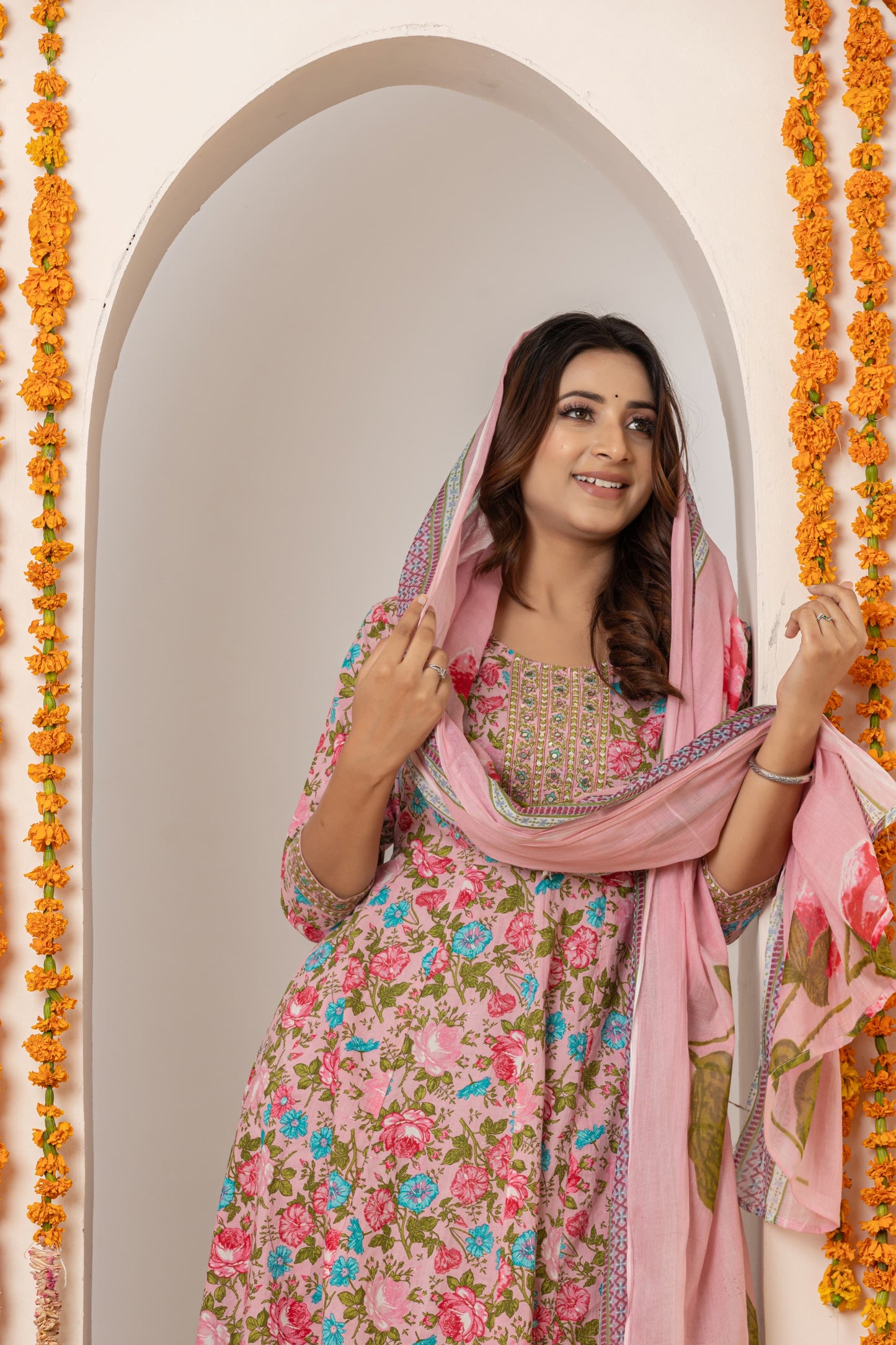 Pink Handblock Cotton Anarkali Set