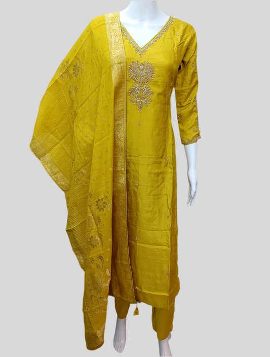 Mustard Silk Salwar Set with Zardosi , V-Neck, and Three-Quarter Sleeves