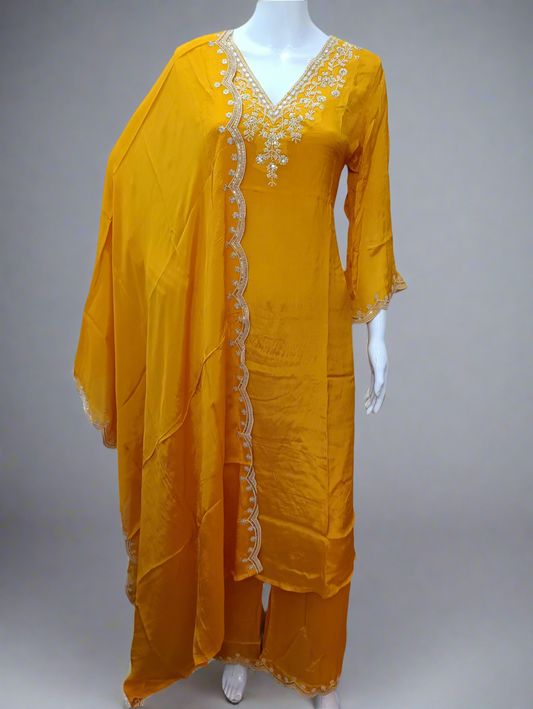Mustard Chiffon Salwar Set with Zardosi , V-Neck, and Three-Quarter Sleeves