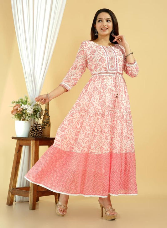 Pink Printed Cotton Long Anarkali Kurthi