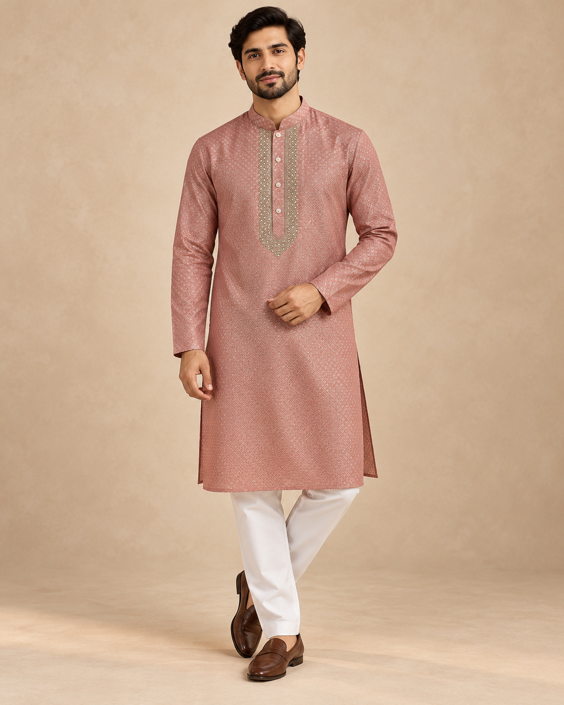 Rose Pink Semi Banarasi Silk Men’s Kurta & Pyjama Set