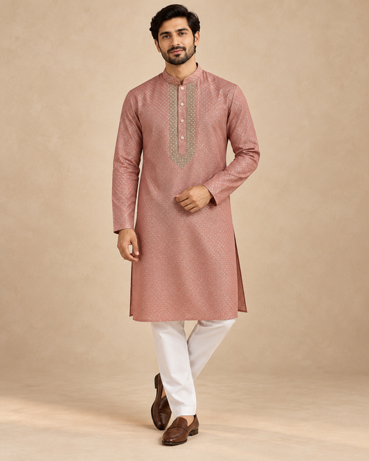 Rose Pink Semi Banarasi Silk Men’s Kurta & Pyjama Set