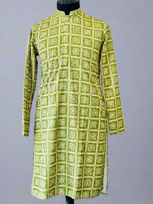 Printed Cotton Mens Long Kurta- Green