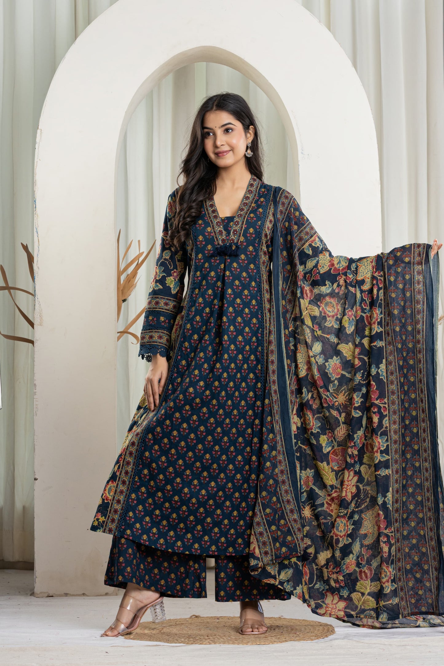 Navy Blue Cotton Flared Kurta with Palazzo Pants
