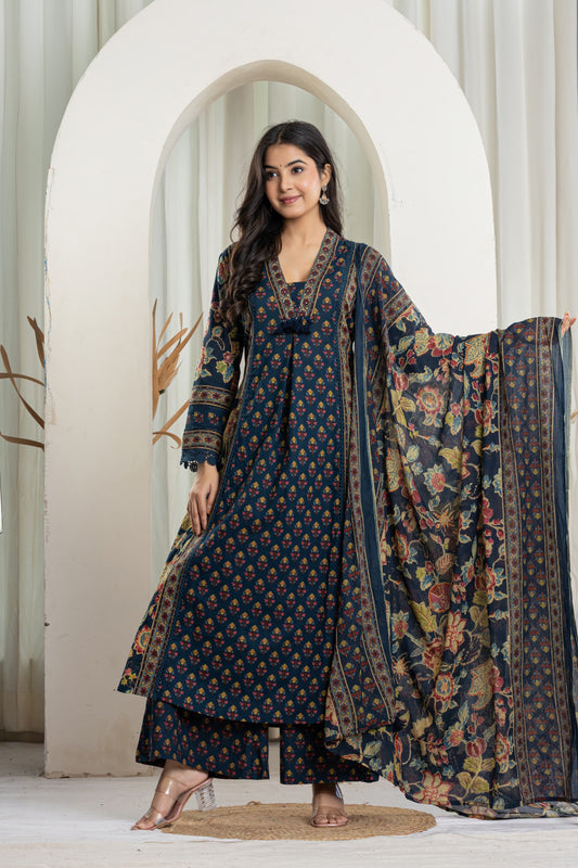Navy Blue Cotton Flared Kurta with Palazzo Pants