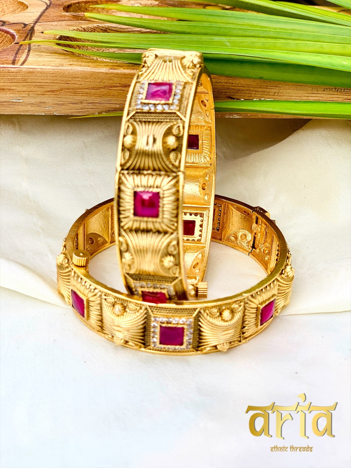 Golden Kada Bangles with AD Stones- Ruby Red