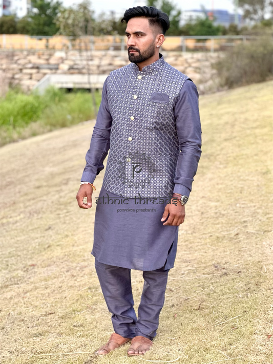 Raw Silk Mens Long Kurta with Embroidery Jacket