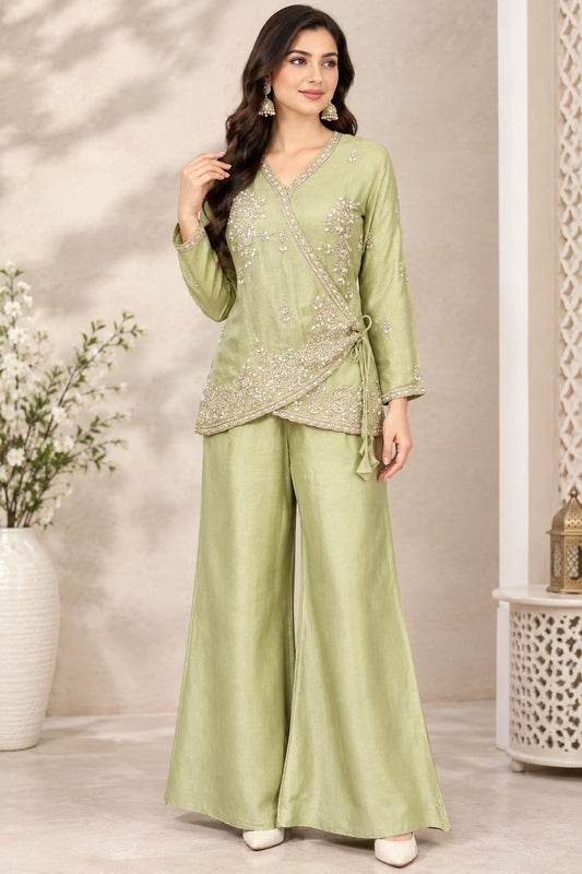 Sage Green Embroidered Wrap-Style Kurta