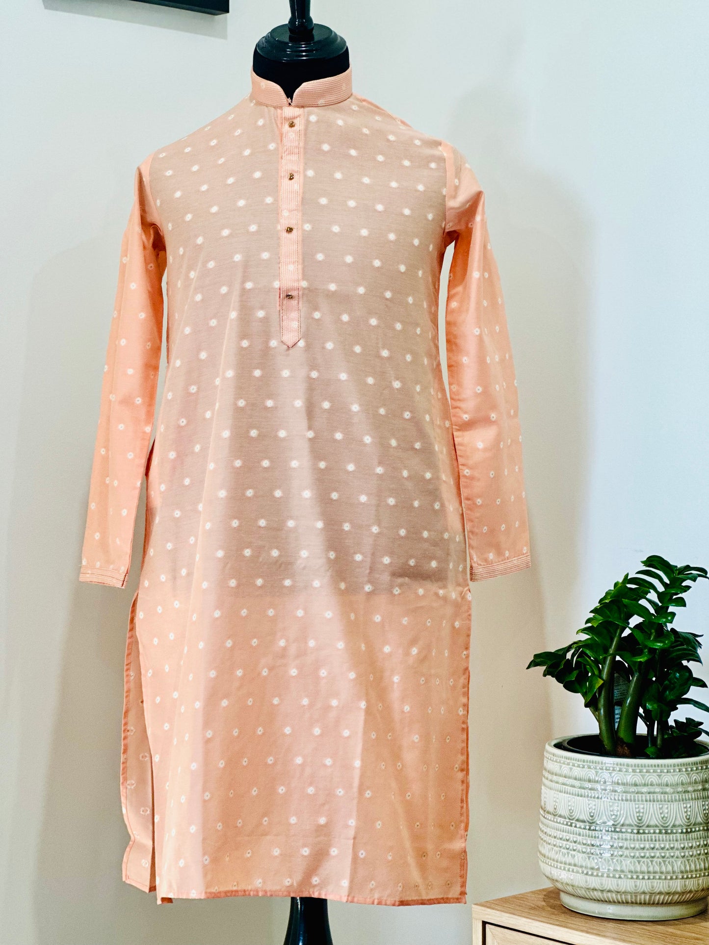 Printed Cotton Mens Long Kurta- Peach